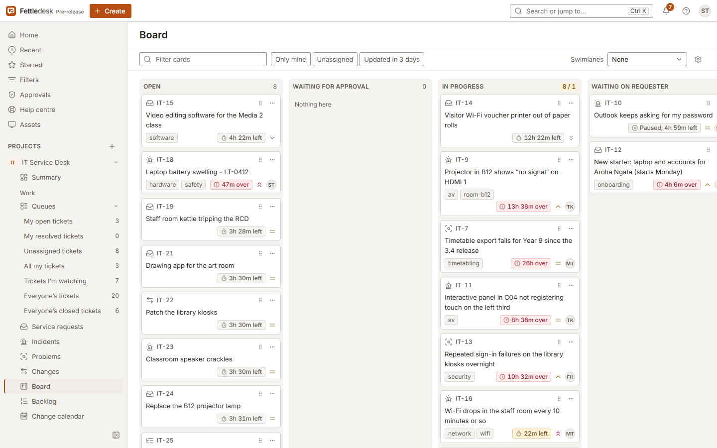 A board with columns for each status and cards showing type, priority and assignee.