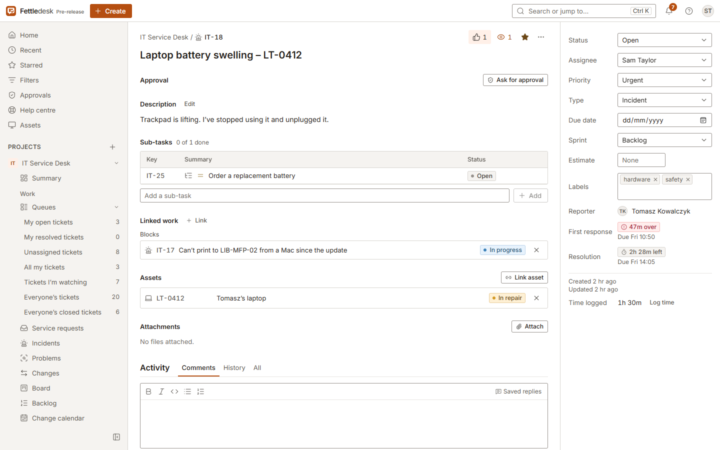 A ticket with its description, activity, watchers and a linked asset.